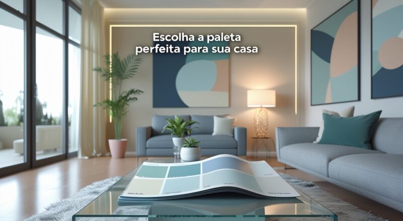 Escolha de paleta de cores para sala de estar moderna com tons suaves: cartela de cores sobre mesa de centro, sofá cinza, planta decorativa e iluminação natural ampla.