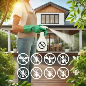 "Mulher aplicando repelente natural em jardim bem cuidado com casa ao fundo, simbolizando controle de pragas domésticas."