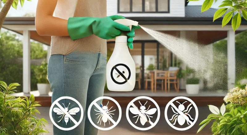 "Mulher aplicando repelente natural em jardim bem cuidado com casa ao fundo, simbolizando controle de pragas domésticas."